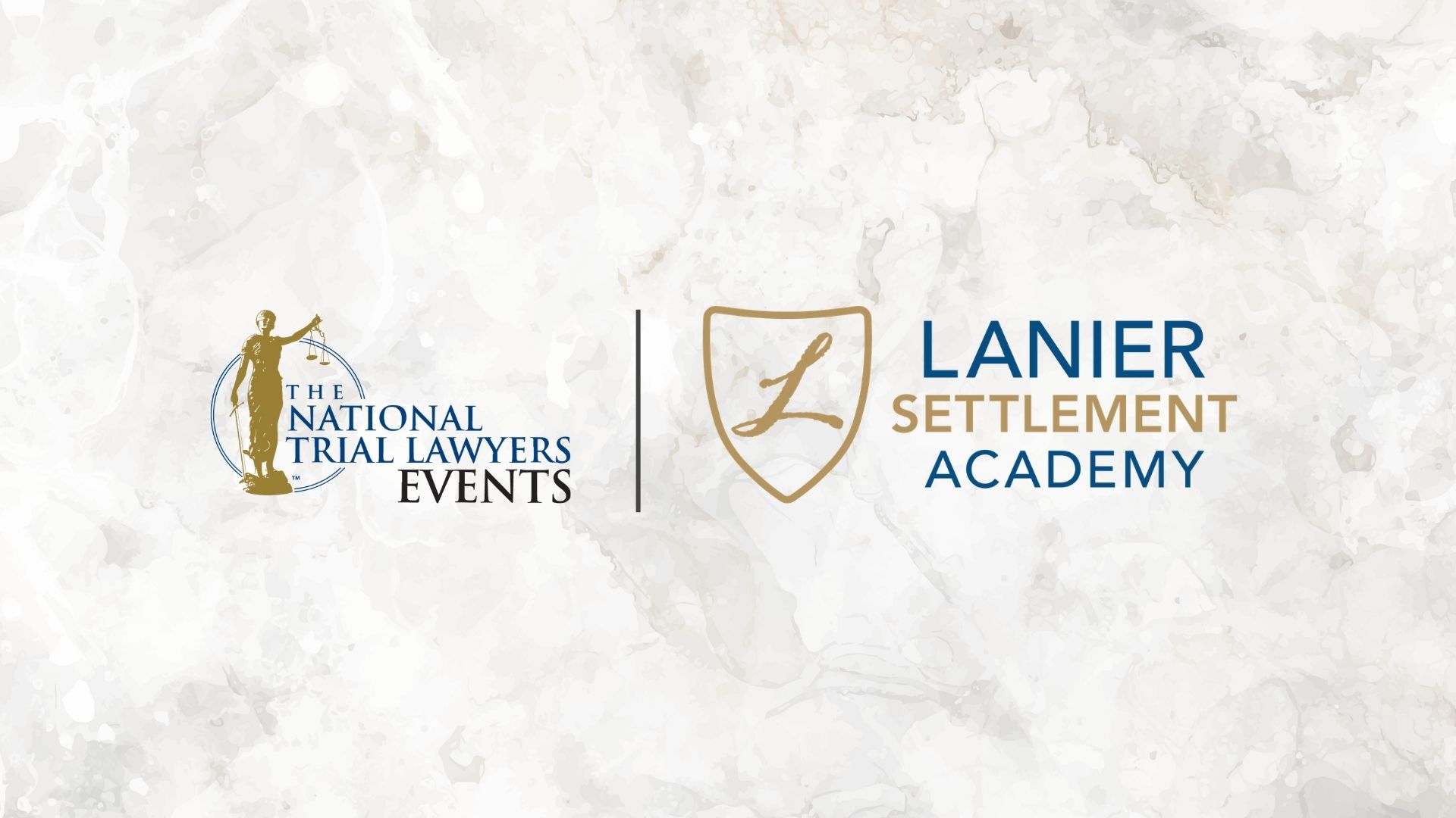 Promotional graphic featuring the logos for The National Trial Lawyers and Lanier Settlement Academy on a light marble-textured background. The design includes a gold Lady Justice emblem on the left, a gold shield with a cursive &ldquo;L&rdquo; in the center, and the text &ldquo;Lanier Settlement Academy&rdquo; in blue and gold lettering on the right.