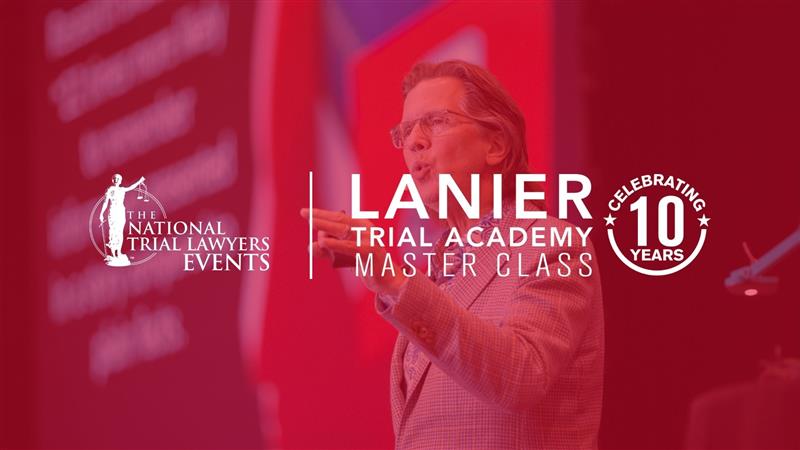 A red scoail image with the logos for lanier trial academy and national trial lawyers events displayed