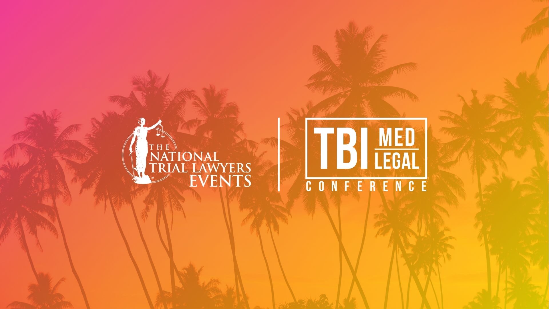 Promotional graphic for The National Trial Lawyers Events featuring the text &ldquo;TTBI MED LEGAL Conference&rdquo; over a bright beach scene with palm trees and a bright background. The National Trial Lawyers Events logo appears on the left, separated by a vertical line from the large navy-blue summit title on the right.